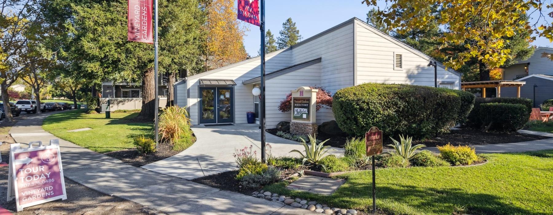 a building with flags in front of it