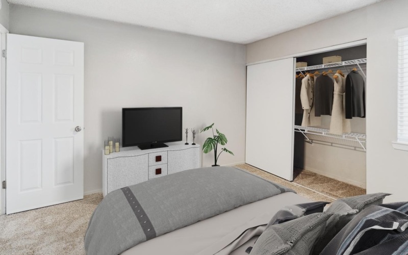 a bedroom with a bed and a television and a closet
