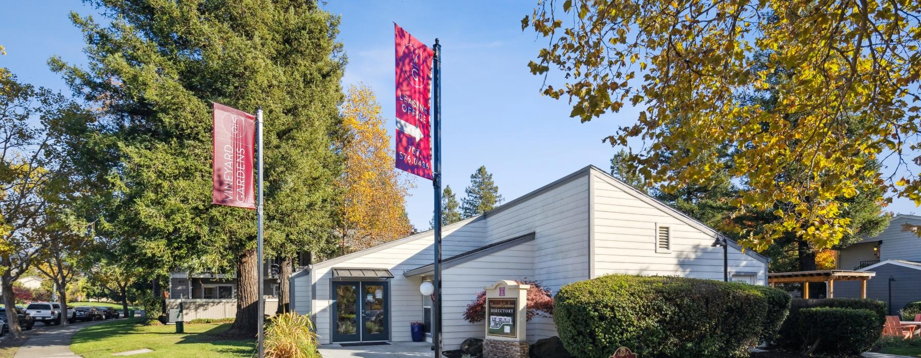 a building with signs in front of it